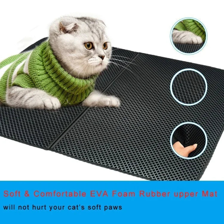 Wasserdichte Katzenstreumatte aus EVA mit doppellagiger Schicht, die Katzenstreu auffängt und die Unterseite rutschfest macht. Erhältlich in den Größen L, M und XS.
