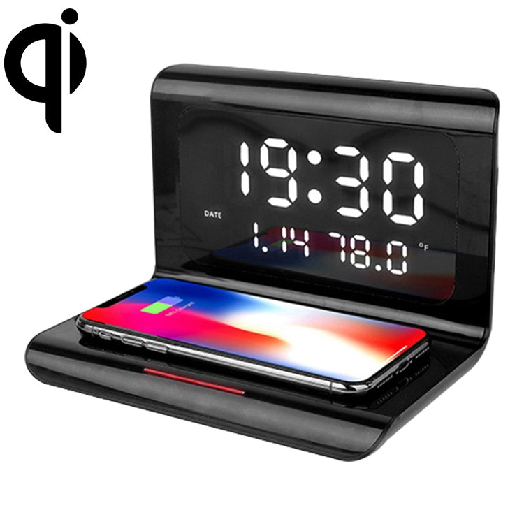 10W QI Universelles Multifunktions-Mobiltelefon-Kabelloses Ladegerät mit Wecker & Uhrzeit-/Kalender-/Temperaturanzeige, RT1 10W (Schwarz)