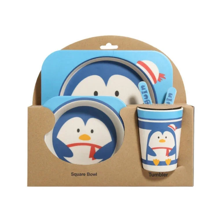 Baby-Geschirr-Set Cartoon-Gabel Essgeschirr für Kinder Besteck Natürliche Bambusfaser-Schale mit Tasse Löffel Teller