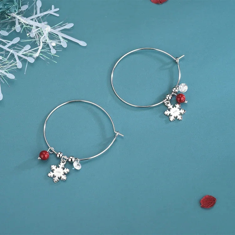 Ohrringe aus 925er Sterlingsilber mit funkelndem Diamanten, roter Kugel und Schneeflockenmotiv – Weihnachtsohrringe