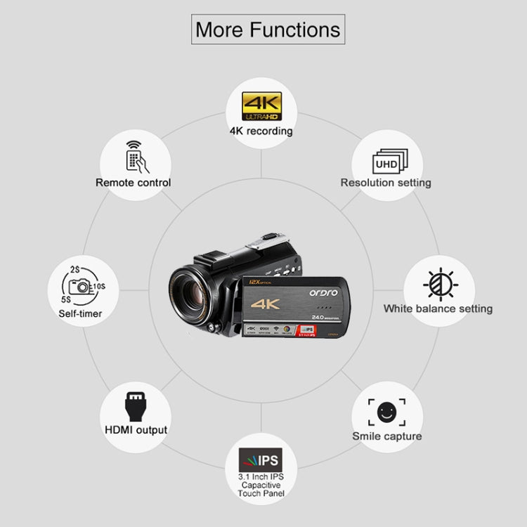 ORDRO AC5 4K HD Nachtsicht WiFi 12X Optischer Zoom Digitale Video DV Kamera Camcorder, Standard, Standard + Mikrofon, Standard + Mikrofon + Handhalterung, Standard + Mikrofon + Zusatzlicht