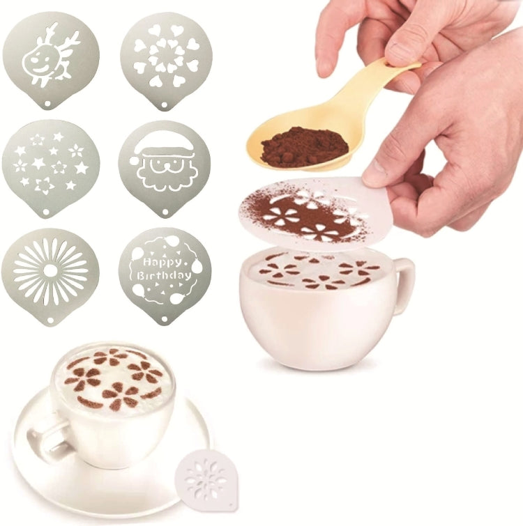6 Stück Edelstahl-Girlandenform, ausgefallenes Kaffeedruckmodell, Kaffeemilchschaum-Sprühmuster-Schablone, zufällige Stilauslieferung, 6 Stück