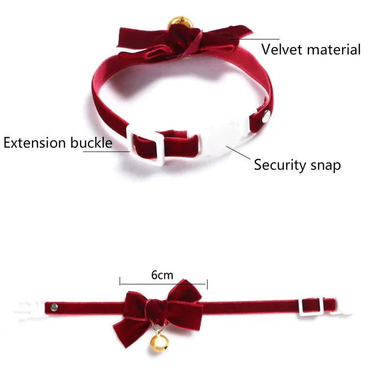 Samt-Schleife, verstellbares Halsband für Katzen, Hunde und Kaninchen, Größe S (17–30 cm), mit Glöckchen