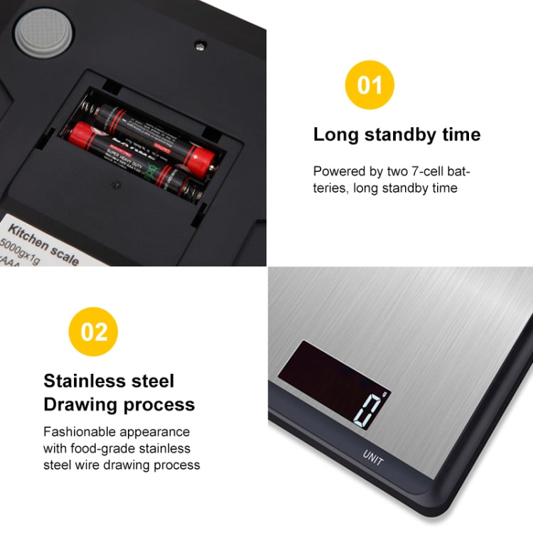 Edelstahl Küchenwaage Haushalt Lebensmittel Elektronische Waage, 5kg/1g, 10kg/1g