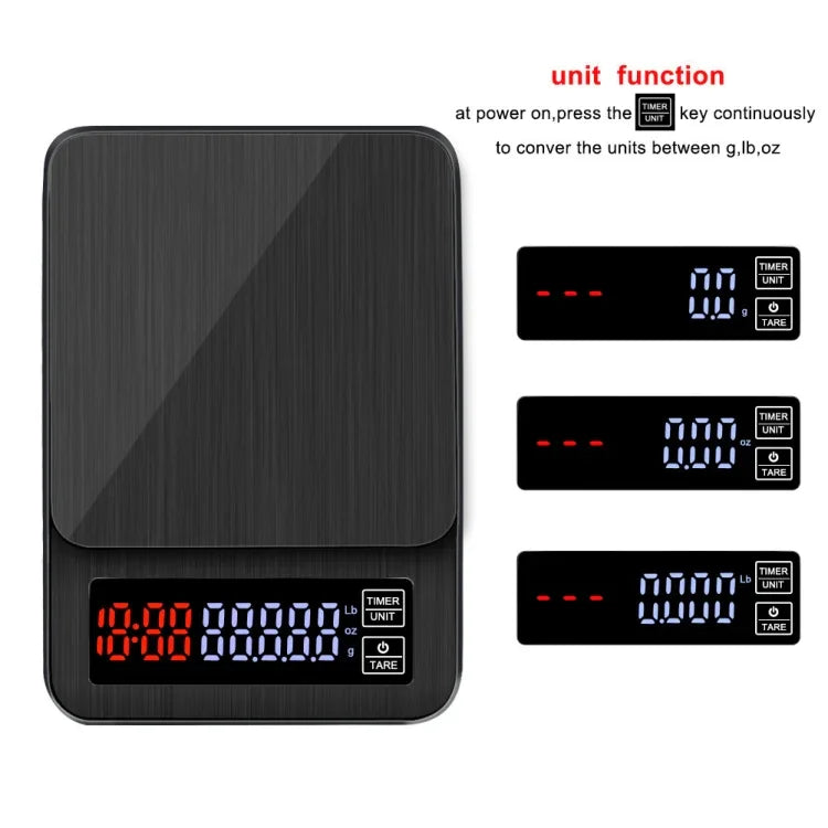 Haushalts-Kaffeewaage mit USB-Ladefunktion, intelligente Küchenwaage mit Timer, 3kg/0,1g, 5kg/0,1g, 10kg/1g