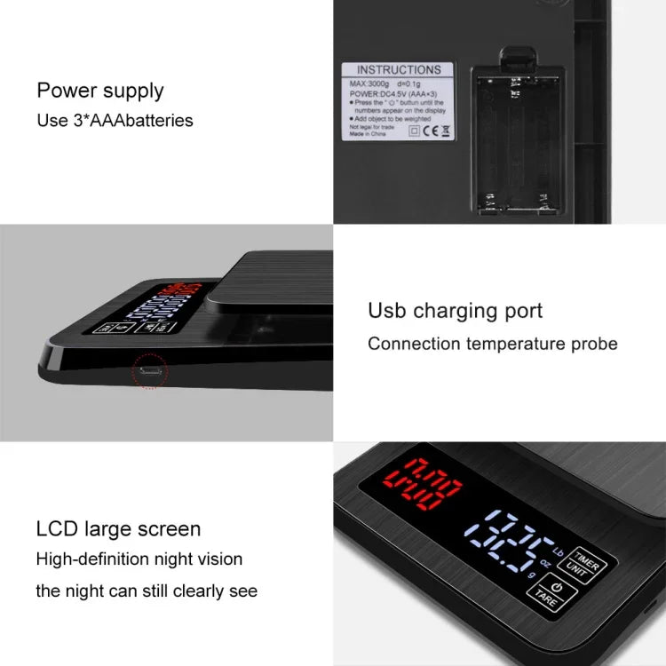 Haushalts-Kaffeewaage mit USB-Ladefunktion, intelligente Küchenwaage mit Timer, 3kg/0,1g, 5kg/0,1g, 10kg/1g
