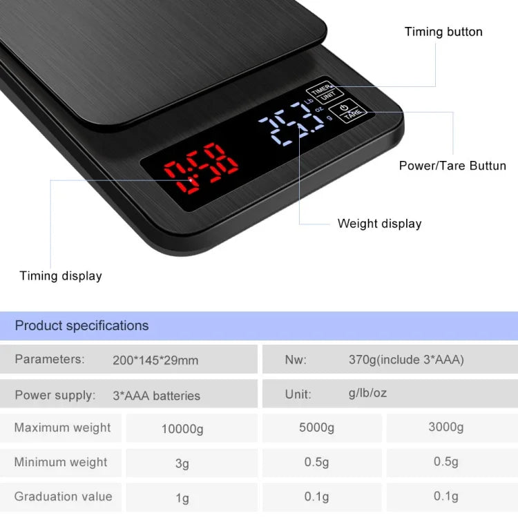 Haushalts-Kaffeewaage mit USB-Ladefunktion, intelligente Küchenwaage mit Timer, 3kg/0,1g, 5kg/0,1g, 10kg/1g