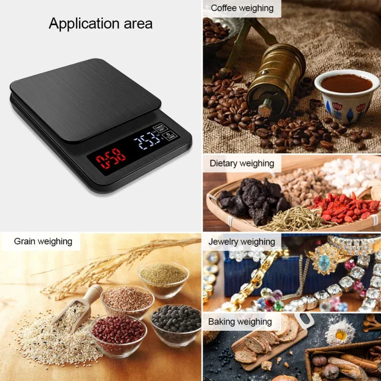 Haushalts-Kaffeewaage mit USB-Ladefunktion, intelligente Küchenwaage mit Timer, 3kg/0,1g, 5kg/0,1g, 10kg/1g