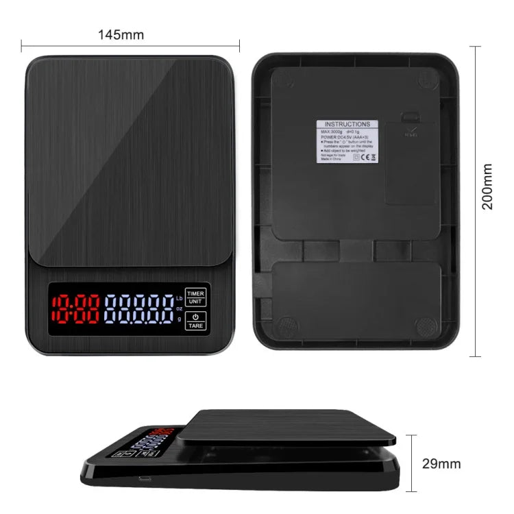 Haushalts-Kaffeewaage mit USB-Ladefunktion, intelligente Küchenwaage mit Timer, 3kg/0,1g, 5kg/0,1g, 10kg/1g
