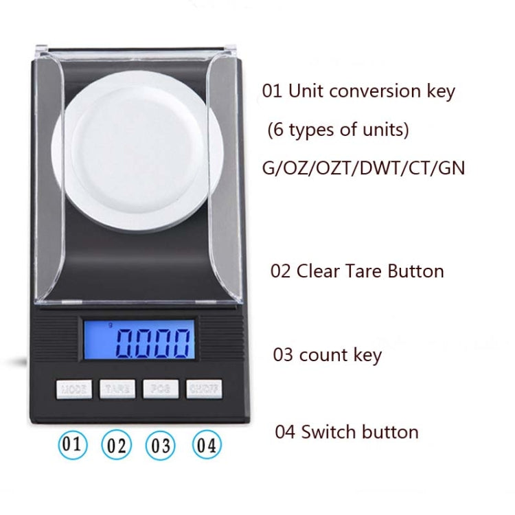 Hochpräzise tragbare Schmuckwaage Mini-Elektronikwaage Präzisions-Karatwaage, 10g/0,001g, 20g/0,001g, 50g/0,001g, 100g/0,001g