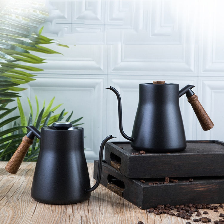 304 Edelstahl Kaffeekanne Holzgriff Kaffeekanne Teflon Langmund schlanke Kanne, ohne Thermometer, mit Thermometer