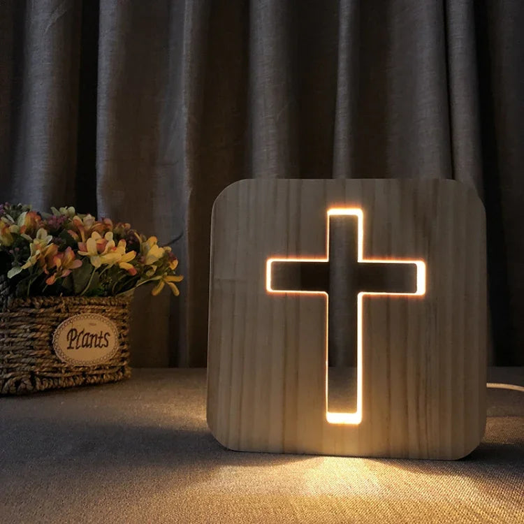 Kreuzkiefer-Handwerkstischlampe hölzernes LED-Nachtlicht, Kreuz
