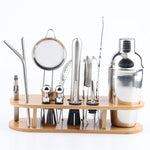18-teiliges Cocktail-Shaker-Set aus Edelstahl, ovale Bambusbasis, Bar-Set, 350ml, 550ml, 750ml