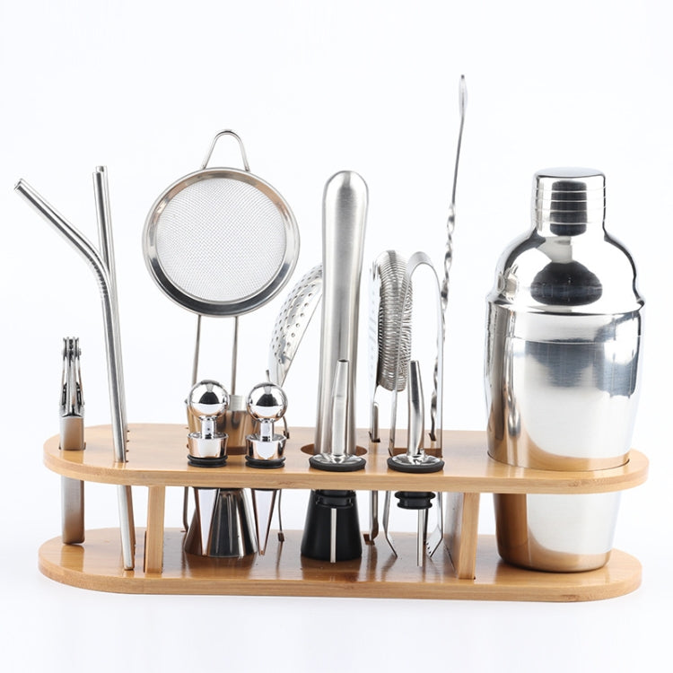 18-teiliges Cocktail-Shaker-Set aus Edelstahl, ovale Bambusbasis, Bar-Set, 350ml, 550ml, 750ml