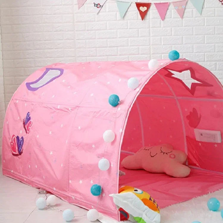 Kinder Haus Bett Krabbeltunnel Spielhaus Zelt, Rosa, Blau mit Moskitonetz, Rosa mit Moskitonetz