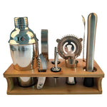 10-teiliges Edelstahl-Shaker-Bambusständer-Set Schräger Mund Bar Cocktail Barkeeper-Werkzeug, 350ml, 550ml, 750ml