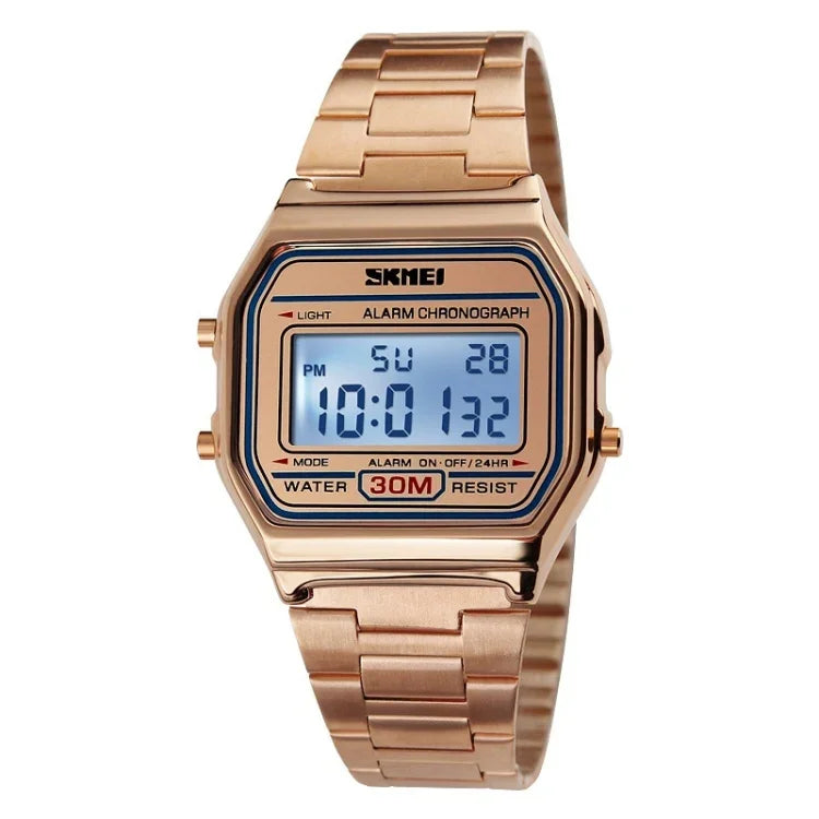SKMEI 1123 Men Business Lightweight Watch Waterproof Steel Band Electronic Watch, Blue, Rose Gold, Coffee Gold