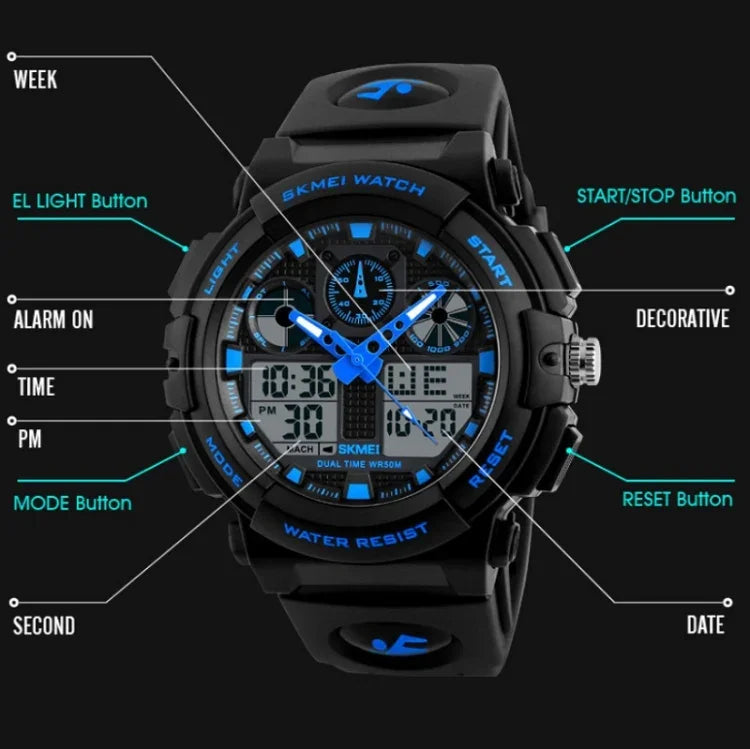 SKMEI 1270 Herren Wasserdichte Digitaluhr mit Doppelanzeige Outdoor Sportuhr, Rot, Grün, Blau, Grau, Golden