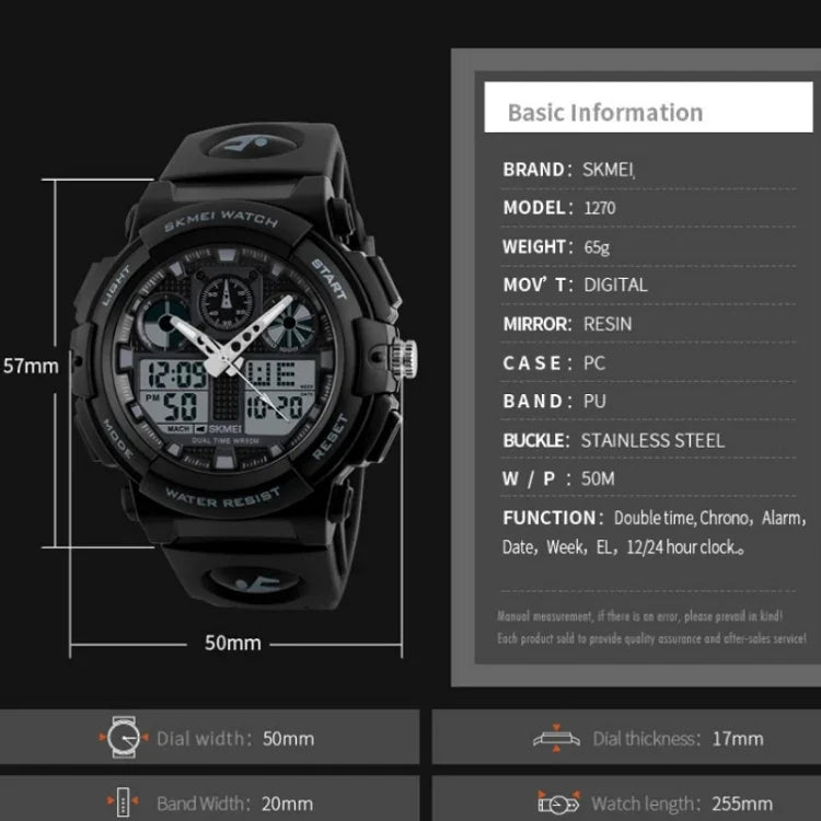 SKMEI 1270 Herren Wasserdichte Digitaluhr mit Doppelanzeige Outdoor Sportuhr, Rot, Grün, Blau, Grau, Golden