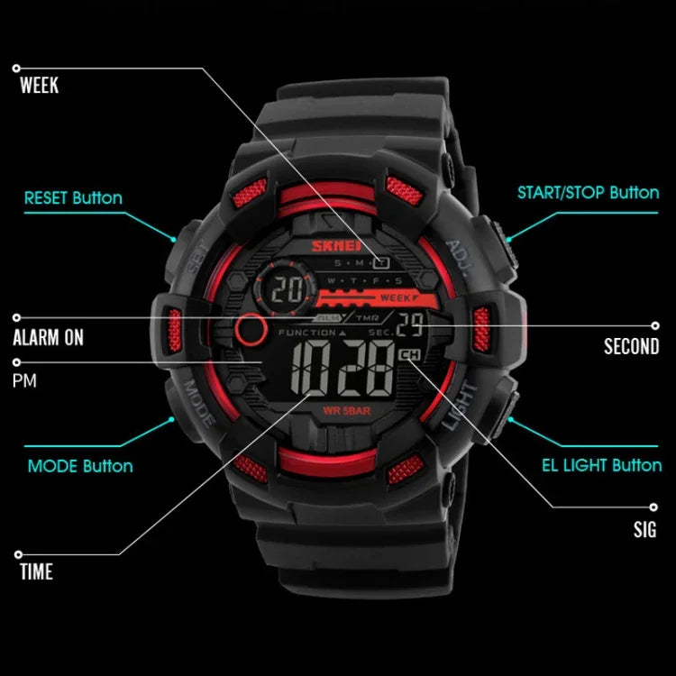SKMEI 1243 Herren Sportuhr Outdoor Wasserdichte Digitaluhr, Rot, Schwarz, Gold