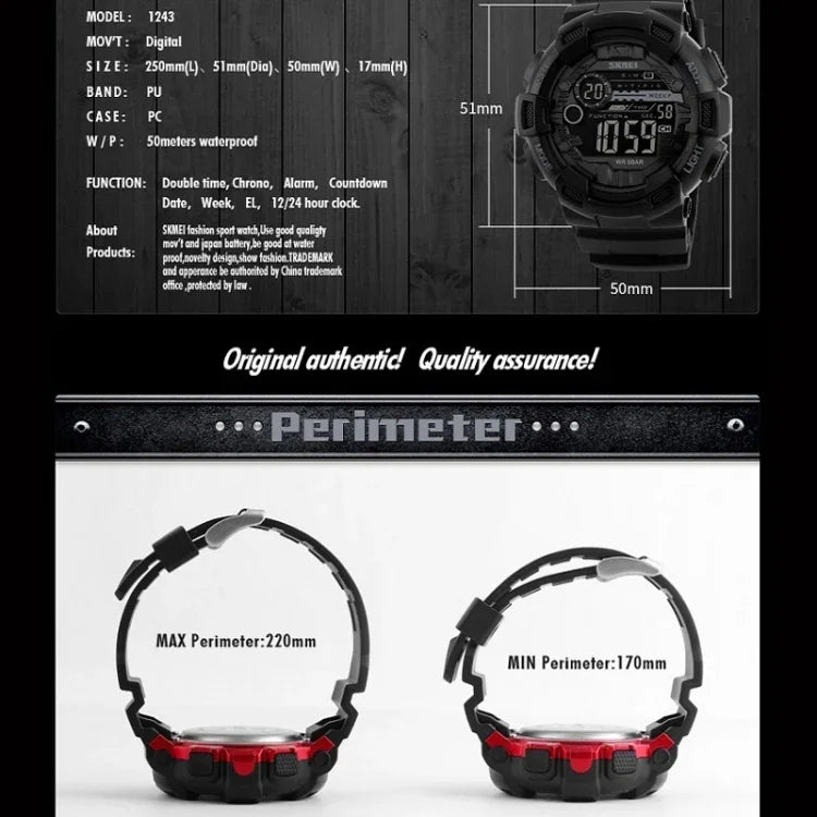 SKMEI 1243 Herren Sportuhr Outdoor Wasserdichte Digitaluhr, Rot, Schwarz, Gold