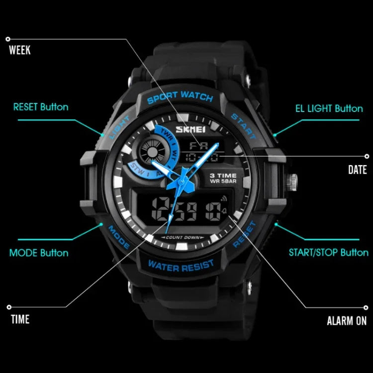 SKMEI 1357 Herren Multifunktionale Sport Digitaluhr Studenten Wasserdichte Uhr, Rot, Blau, Schwarz