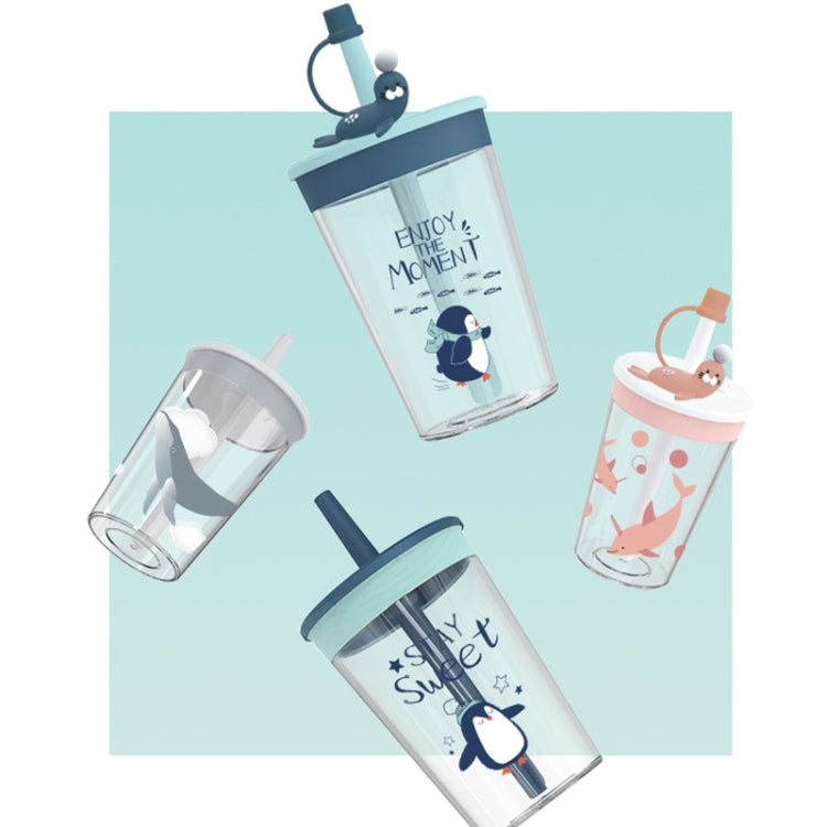 Kinder-Cartoon-Meerestier-Trinkbecher mit Strohhalm, sicher und umweltfreundlich, aus Kunststoff, Marineblau, Hellblau, Rosa, Hellgrau