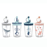 Kinder-Cartoon-Meerestier-Trinkbecher mit Strohhalm, sicher und umweltfreundlich, aus Kunststoff, Marineblau, Hellblau, Rosa, Hellgrau