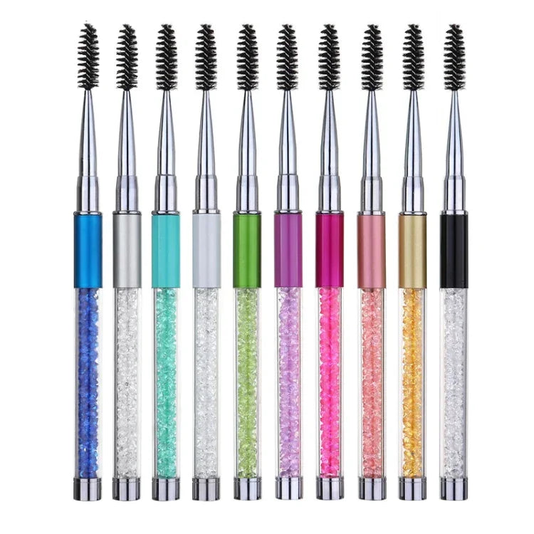 Wimpernbürste mit Strasssteinen und Stifthülle, spiralförmig, in den Farben Rosa, Rosenrot, Gold, Königsblau, Hellblau, Grün, Schwarz, Weiß, Silber und Lila erhältlich.