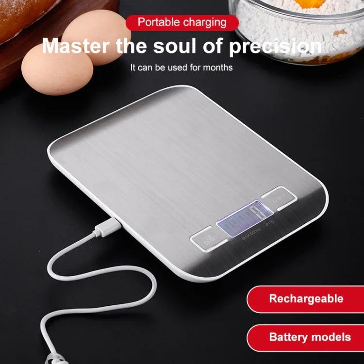 Stainless Steel Small Food Electronic Scale Kitchen Portable Baking Electronic Scale, 5kg/1g (Battery Model White), 5kg/1g (Battery Model Black), 10kg/1g (Battery Model White), 5kg/1g (Rechargeable White), 10kg/1g (Rechargeable White)