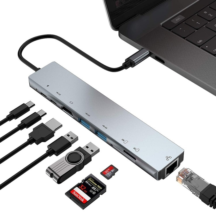 WC7367 8 in 1 87W Typ-C zu PD+USB3.0/USB2.0+SD+TF+HDMI+RJ45+Typ-C Dockingstation HUB, WC7367