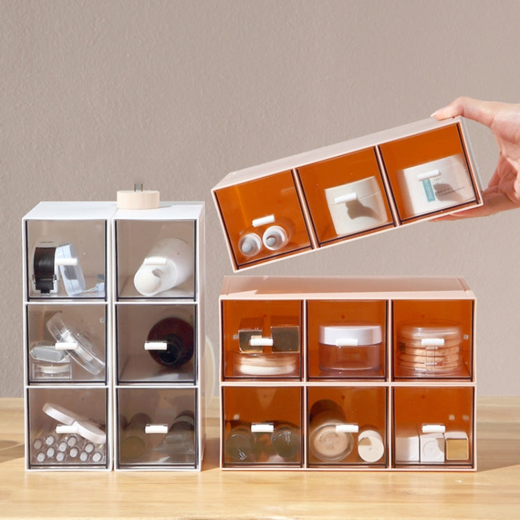 Schreibtischschubladen-Aufbewahrungsbox Kosmetik Büro Student Schreibwaren Stift Wohnheim Dreifachgitter-Schreibtischregal, Korallenpulver, Elfenbeinweiß, Gletscherblau
