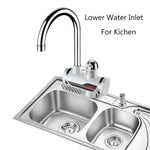 Küchen-Durchlauferhitzer Warmwasserhahn Heiß- und Kaltwasserbereiter EU-Stecker, Lampenanzeige unten Wasserzulauf, Lampenanzeige seitlicher Wasserzulauf, Lampenanzeige Auslaufschutz unten Wasserzulauf, Lampe zeigt Auslaufschutz seitlicher Wasserzulauf