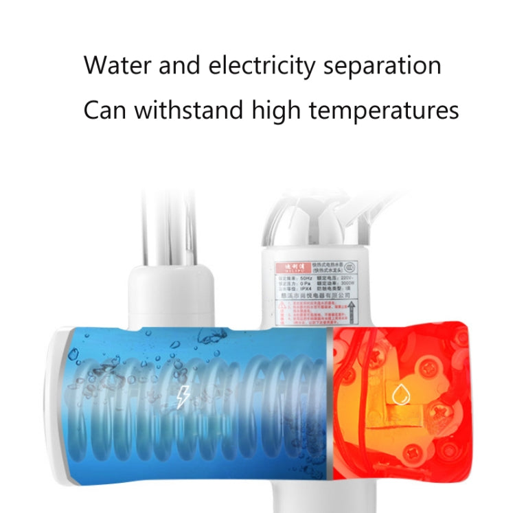 Küchen-Durchlauferhitzer Warmwasserhahn Heiß- und Kaltwasserbereiter EU-Stecker, Lampenanzeige unten Wasserzulauf, Lampenanzeige seitlicher Wasserzulauf, Lampenanzeige Auslaufschutz unten Wasserzulauf, Lampe zeigt Auslaufschutz seitlicher Wasserzulauf