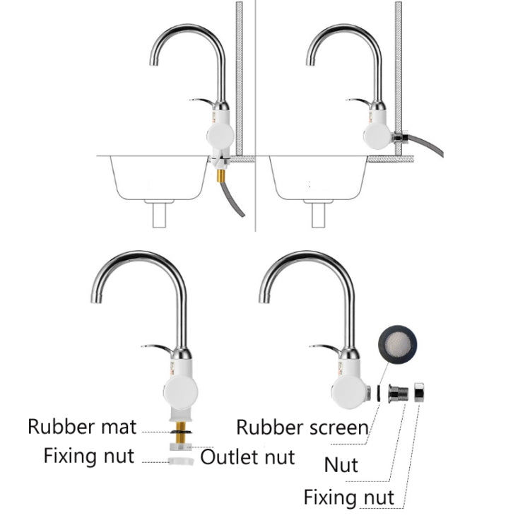 Küchen-Durchlauferhitzer Warmwasserhahn Heiß- und Kaltwasserbereiter EU-Stecker, Lampenanzeige unten Wasserzulauf, Lampenanzeige seitlicher Wasserzulauf, Lampenanzeige Auslaufschutz unten Wasserzulauf, Lampe zeigt Auslaufschutz seitlicher Wasserzulauf