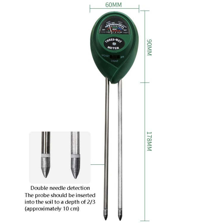 3 in 1 Bodendetektor PH-Wert Lichtintensität Teststift Rundkopf Boden Trockenfeuchtigkeitsmesser, 3 in 1