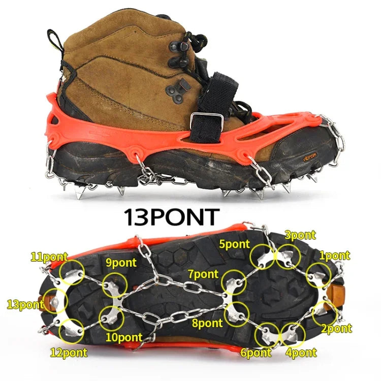 13 Zähne Outdoor Edelstahl-Bergsteiger-Steigeisen Trekking Anti-Rutsch-Schuhüberzüge, Größe:, 13 Zähne M（Orange）