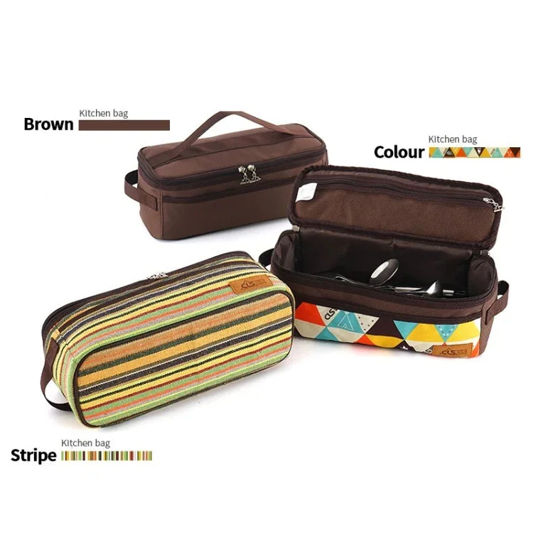 CLS Outdoor Camping Kochgeschirr Aufbewahrungstasche BBQ Besteck Aufbewahrungstasche Reise Tragbare Kulturtasche, Braun, Streifen, Farbe