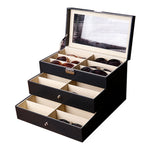 18 Fächer dreischichtiges Brillenetui, maßgefertigt, PU-Leder, Sonnenbrillen-Aufbewahrungs- und Präsentationsbox, Größe: 33,5x19,5x22,5 cm