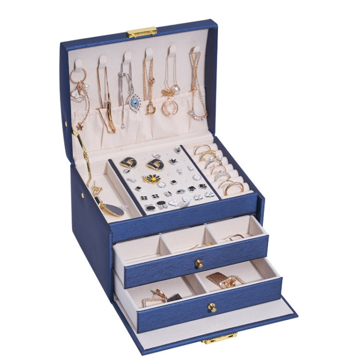 Dreischichtige Leder-Schmuckaufbewahrungsbox im Schubladenstil, Ohrringbox mit Schloss, Dreischichtig (Marineblau), Dreischichtig (Cremeweiß), Dreischichtig (Dunkelgrün)