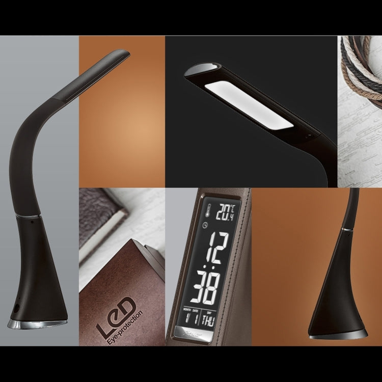 U2 5W 3-Stufig Dimmbar LED Lederstruktur Schreibtischlampe mit Temperatur/Uhr/Kalender Anzeige, Schwarz