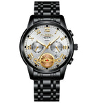 FNGEEN 4001 Herren-Quarzuhr, nicht-mechanisch, Multifunktionsuhr, schwarzer Stahl, weißes Zifferblatt, goldene Indizes, braunes Leder, schwarzgoldenes Zifferblatt