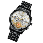 FNGEEN 4001 Herren-Quarzuhr, nicht-mechanisch, Multifunktionsuhr, schwarzer Stahl, weißes Zifferblatt, goldene Indizes, braunes Leder, schwarzgoldenes Zifferblatt
