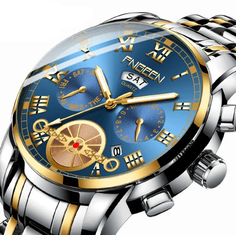 FNGEEN 4001 Herren-Quarzuhr, nicht-mechanisch, Multifunktionsuhr, schwarzer Stahl, weißes Zifferblatt, goldene Indizes, braunes Leder, schwarzgoldenes Zifferblatt