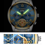 FNGEEN 4001 Herren-Quarzuhr, nicht-mechanisch, Multifunktionsuhr, schwarzer Stahl, weißes Zifferblatt, goldene Indizes, braunes Leder, schwarzgoldenes Zifferblatt