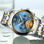 FNGEEN 4001 Herren-Quarzuhr, nicht-mechanisch, Multifunktionsuhr, schwarzer Stahl, weißes Zifferblatt, goldene Indizes, braunes Leder, schwarzgoldenes Zifferblatt