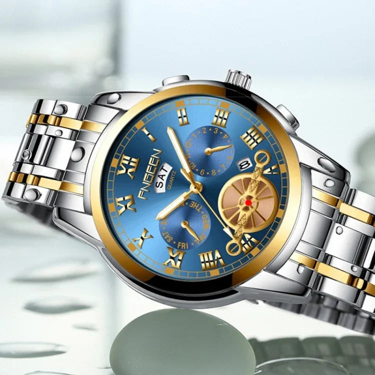 FNGEEN 4001 Herren-Quarzuhr, nicht-mechanisch, Multifunktionsuhr, schwarzer Stahl, weißes Zifferblatt, goldene Indizes, braunes Leder, schwarzgoldenes Zifferblatt