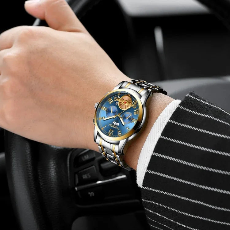 FNGEEN 4001 Herren-Quarzuhr, nicht-mechanisch, Multifunktionsuhr, schwarzer Stahl, weißes Zifferblatt, goldene Indizes, braunes Leder, schwarzgoldenes Zifferblatt