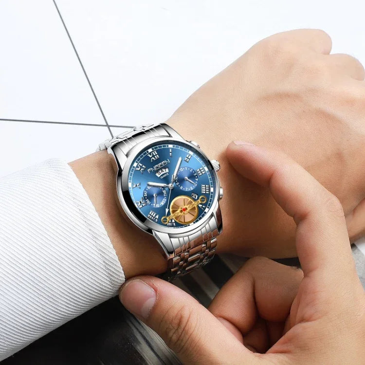 FNGEEN 4001 Herren-Quarzuhr, nicht-mechanisch, Multifunktionsuhr, schwarzer Stahl, weißes Zifferblatt, goldene Indizes, braunes Leder, schwarzgoldenes Zifferblatt
