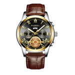 FNGEEN 4001 Herren-Quarzuhr, nicht-mechanisch, Multifunktionsuhr, schwarzer Stahl, weißes Zifferblatt, goldene Indizes, braunes Leder, schwarzgoldenes Zifferblatt